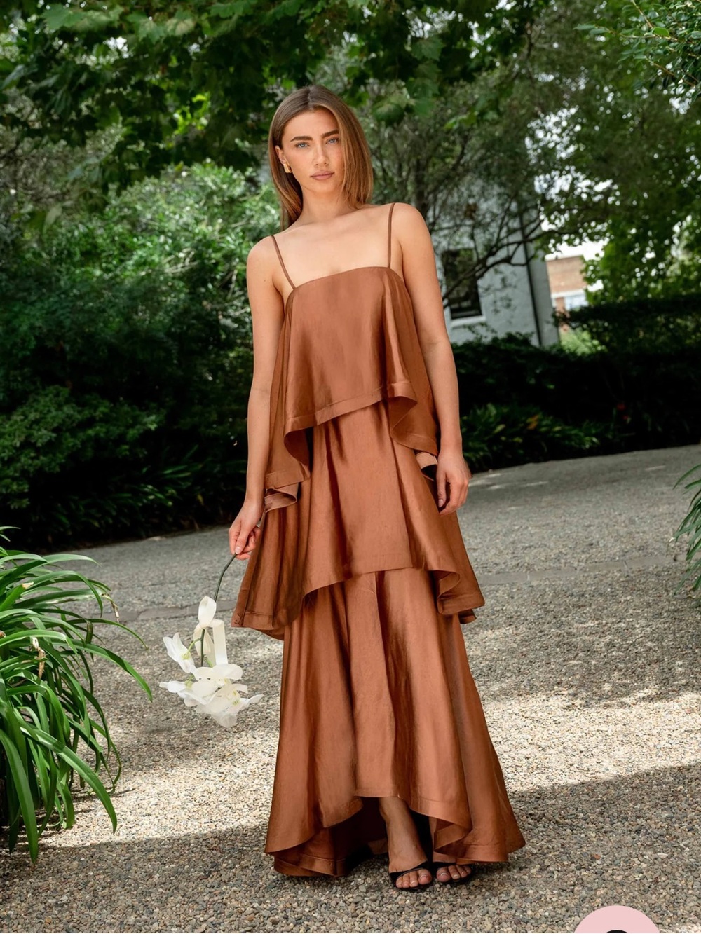 elliatt tilly brown tiered oversized ruffle flared maxi gown dress size XXS NEW